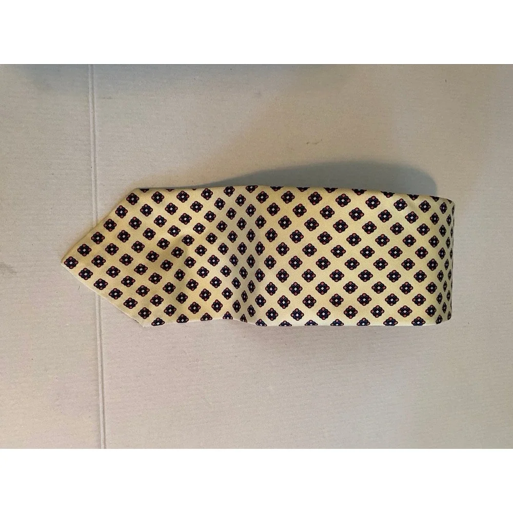Christian Dior Mens Silk Tie Yellow Navy Red Geometric Medallion Paris New York